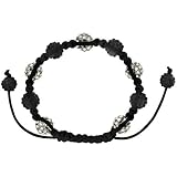 White & Black Crystal Disco Ball Adjustable Unisex Macrame Bead Bracelet 3/8 in. (10mm) wide