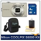 Nikon COOLPIX S6000 Digital Camera (Champagne Silver), 14.2 Megapixel, 7x, 28-196mm Equivalent Zoom, 2.7 LCD, 4 GB Memory Card, Deluxe Carrying Case, and Lens Cleaning Kit