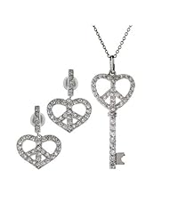 Silver CZ Peaceful Heart Key Necklace and Earring Set