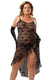 Sexy Plus Size Lace Chemise Long Gown Side Slit Lace Lingerie Ruffle Trim Matching Gstring Black Red White