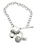Bracelet - Pearl, Crystal Ball & Heart Charms - Clear