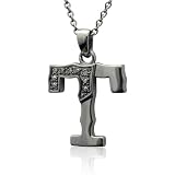 Men's Black Sterling Silver Alphabet Initial T Black Diamond Pendant Necklace - 0.07 carat