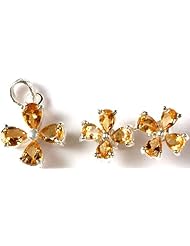 Faceted Citrine Flower Pendant with Matching Earrings Set - Sterling Silver