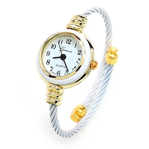 White Gold Cable Wire Band Women's Bangle Cuff Watch