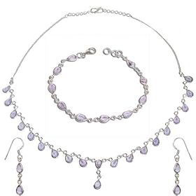 Amethyst Gemstone and Sterling Silver Jewelry Set- Necklace Earring and Bracelet Set (gnklcs356)