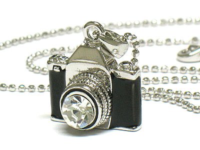 Trendy Black Art Deco 3D Camera Charm Necklace with Crystals