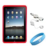Silicone Skin Magenta Case for Apple iPad + Retractable USB Data Cable + Wristband