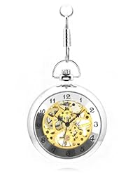 Tirio Silver White Hand Wind Mechanical Skeleton Pocket Watch Roman Numerals Unisex Vintage Style