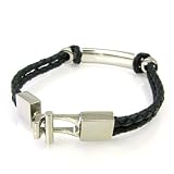Black Braided Leather Bracelet Stainless Steel T Clasp