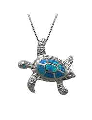 Turtle Necklace Pendant with Blue Opal in Sterling Silver and 18" Chain