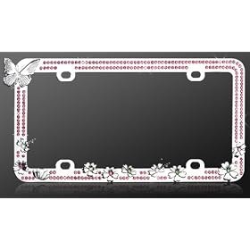 Buy Car Metal License Plate Frame - Charming Butterfly w  Colorful Flowers and Pink... now!