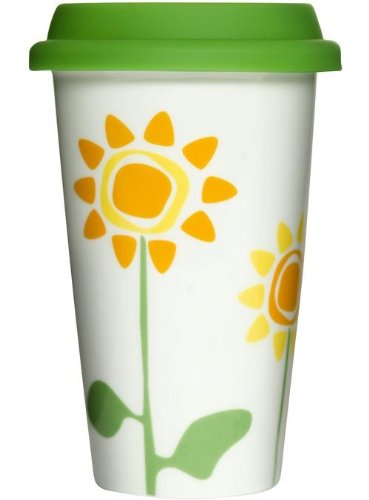 Sagaform 5015919 Double Wall Porcelain Flower Take Away Mug with Silicone Lid