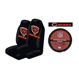 A Set of 2 Universal-Fit Front Bucket Style Seat Covers, and a Comfort Grip Steering Wheel Cover - Chicago Bears