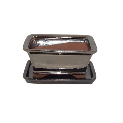 16cm Metallic Finish Bonsai Pot and Tray Set