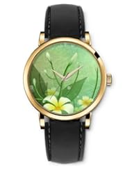 SPRAWL Aanalog Fashion Series Gold Ladies Watches of Genuine Black Leather Strap,Unique Wrist Watch for Women Girls Designed with Outbreaks of yellow lilys