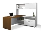 Modern Two Tone L-shaped Computer Desk with Hutch & Integrated Credenza