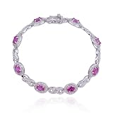 SS Platinum Plated Pink Corundum & Diamond Accent 7.25" Bracelet