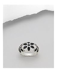 Black Resin Flower Reconstructed stones Ring In 92.5 Sterling Silver