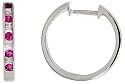 18k White Gold Diamond Huggie Hoop Earrings, w/ 0.19 Carat Brilliant Cut Ruby Stones & 0.11 Carat Baguette Diamonds, 9/16" (15mm)