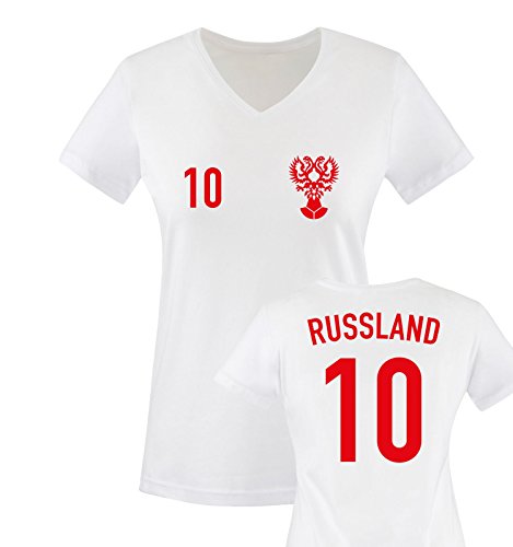 EM 2016 – TRIKOT – EM 2016 – RUSSLAND – 10 – Damen V-Neck T-Shirt – Weiss / Rot Gr. M