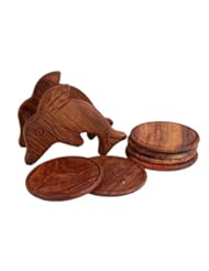 Kitchen: Hand Carved Set of 6 Wooden Coasters in a Dolphin Shaped Holder, Bar Dinning Accessories