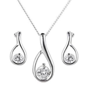 Silver Ladies' Cubic Zirconia Set Loop Pendant and Stud Earrings Set