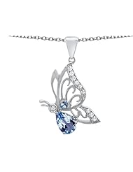 Original Star K (tm) Butterfly Pendant With 9x6mm Pear Shape Simulated Aquamarine in 925 Sterling Silver