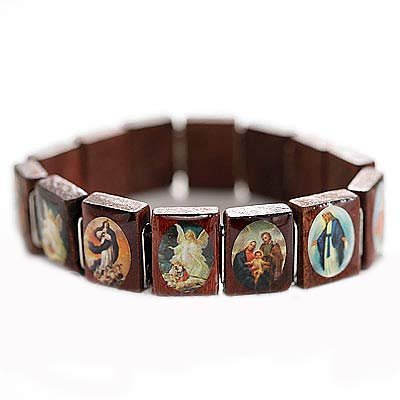 Wood Stretch Bracelet With Christian Jesus And Mary Images 15mm