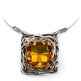 Diamond-cut Collection Honey Amber and Sterling Silver Large Square Necklace