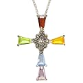 Sterling Silver Marcasite Multicolored Cubic Zirconia Cross Pendant Necklace