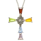 Sterling Silver Marcasite Multicolored Cubic Zirconia Cross Pendant Necklace