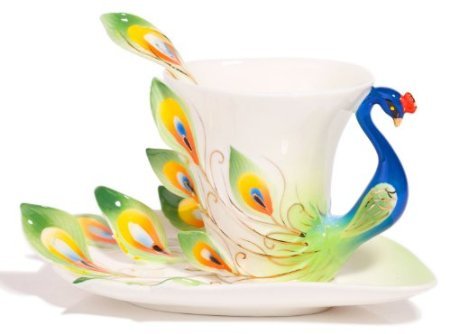 Leegoal Hand Crafted Porcelain Enamel Graceful Peacock Pattern Tea Coffee Cup Set (With Saucer and Spoon) Gift