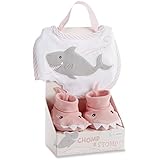 Baby Aspen Chomp and Stomp Shark Bib and Booties Gift Set, Pink