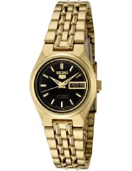 Seiko Womens SYMA06K Seiko 5 Automatic Black Dial Gold-Tone Stainless Steel Watch