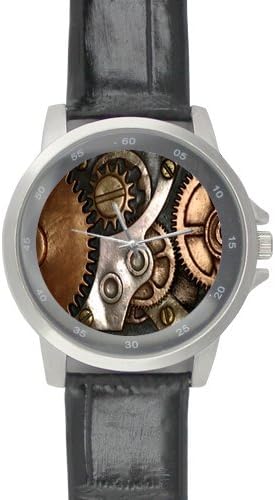 Special Design Clock Machine, Gear, Steampunk Pattern Custom Unisex Stainless Steel Leather Strap Watch Metal Case, Tempered Glass, Black Leather Band