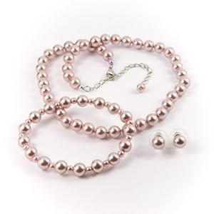 Rose 8mm Glass Pearl Necklace, Bracelet and Earring Set 