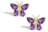 14K Yellow Gold Genuine Pear Amethyst and Diamond Butterfly Earrings