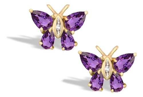 Childrens Toyshop  Jewelry : 14K Yellow Gold Genuine Pear Amethyst and Diamond Butterfly Earrings