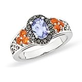 1 Carat Tanzanite, Fire Opal and Black Diamond Sterling Silver Ring
