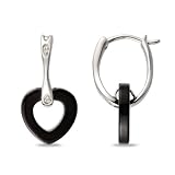 Sterling Silver, Diamond and Black Onyx Heart Earrings, (.014 cttw, GH Color, I3 Clarity),