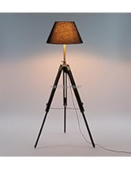 Lighting: NAUTICALMART DESIGNERS BRASS ANTIQUE TEAK WOOD TRIPOD FLOOR LAMP - NAUTICALMART INC