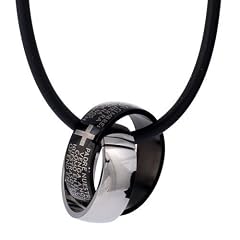 Kautschuk Halskette mit zwei Edelstahl Ringen mit Kreuzgravur in einem schwarzen Samtbeutel