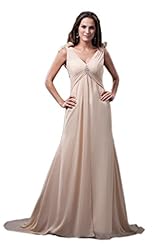 A-line V-neck Lace-Up Beaded Fitted  Chiffon Empire   Waistline Prom Dress  with a Chapel Train  With Rhinestones