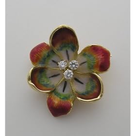 Estate 18k Yellow Gold And Diamond Enamel Flower Motif Pin by