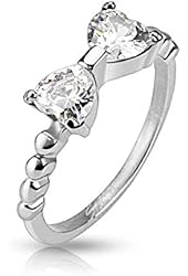 Two Heart CZs Pronged Ribbon Band Stainless Steel Ring