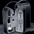 Black Leather Wine Carrier Caddy Bag w/ Two Glasses, Stopper/Opener Bar Set
