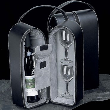 Black Leather Wine Carrier Caddy Bag w/ Two Glasses, Stopper/Opener Bar Set
