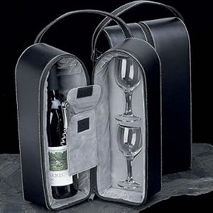 Black Leather Wine Carrier Caddy Bag w/ Two Glasses, Stopper/Opener Bar Set