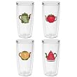 Fruit Teapots 16 oz Insulated Beverage Tumblers Set, Clear (4 designs)