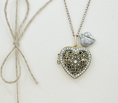 MP Handmade Golden Rhinestone Hollow Out Heart Shape Locket Antique Style Long Necklace CDP 0704